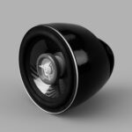 En sort højttaler med en blank finish og et rundt design.