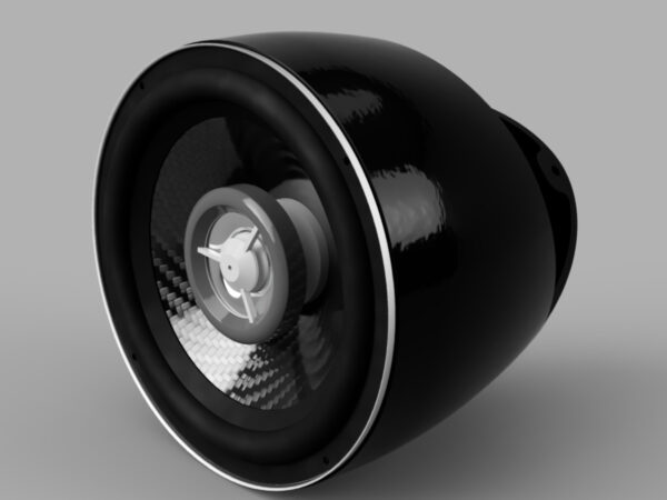 Czarny głośnik o błyszczącym wykończeniu i okrągłej konstrukcji.