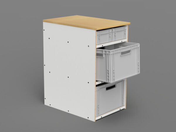 Un moderno armario de camping con varios cajones y superficie de madera, ideal para organizar los utensilios de camping.