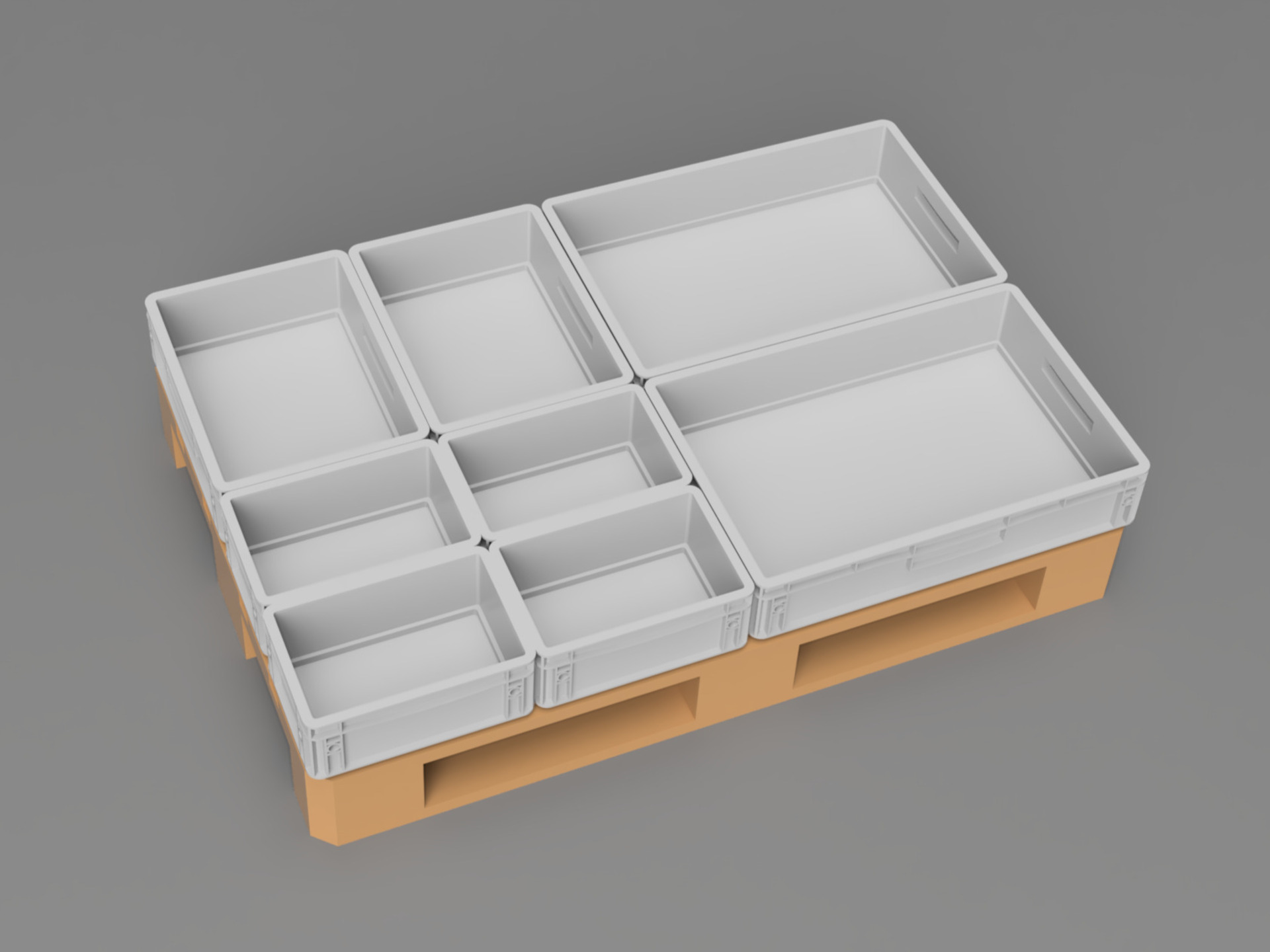 Sada různých bílých úložných boxů uspořádaných na oranžové paletě, ideální pro uspořádání kempingového příslušenství a nábytku.