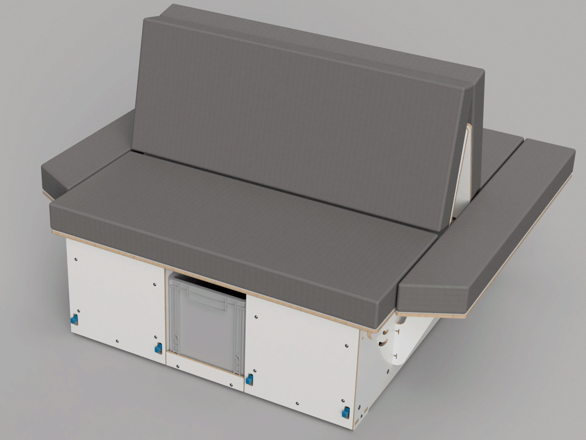 Modular camping bed system with grey upholstery that offers a wide range of uses for comfortable sleeping in the car.