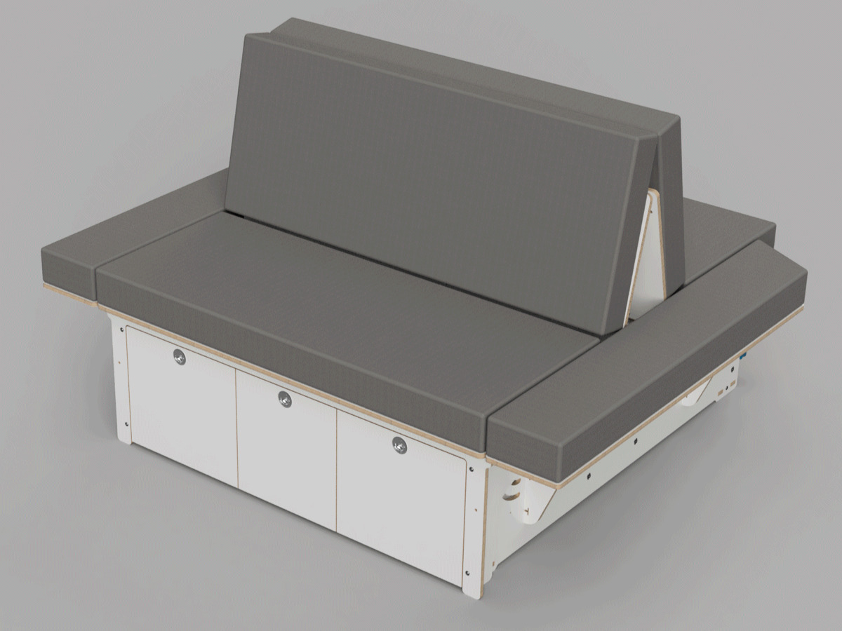 Modular sleeping system for camping with grey upholstery and storage space, ideal for comfortable nights outdoors.