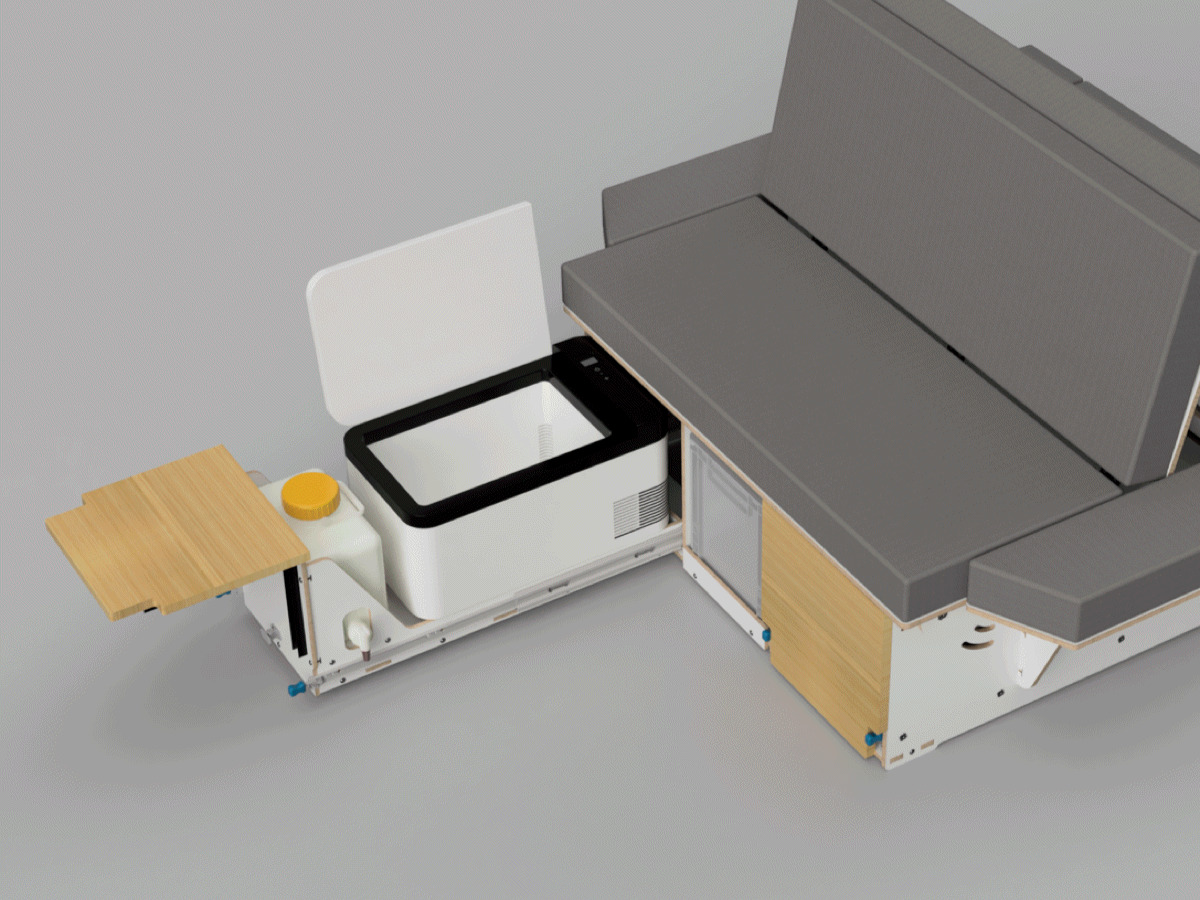 Modular camping box with integrated work surface and storage space, ideal for outdoor activities and camping trips.