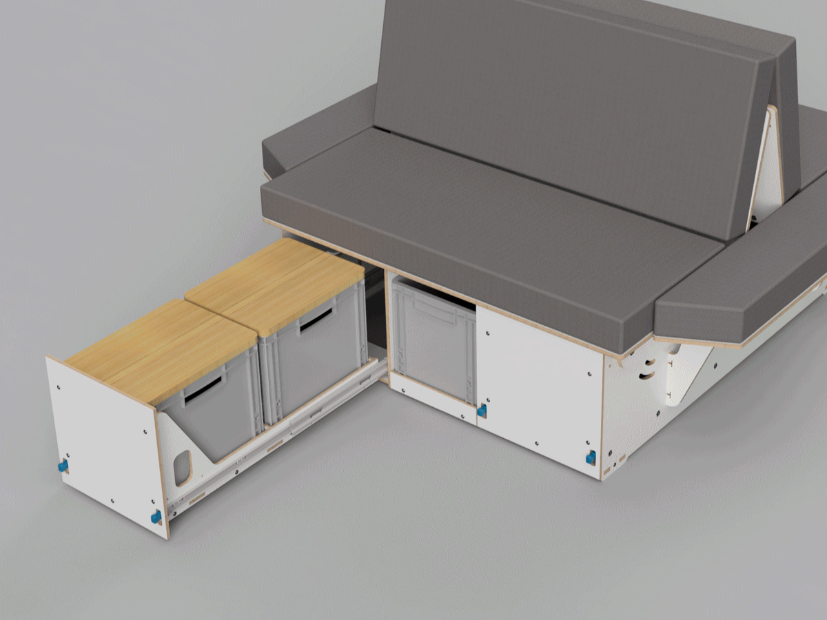 Modular camping box with a sofa bed and integrated kitchen modules, ideal for comfortable camping.