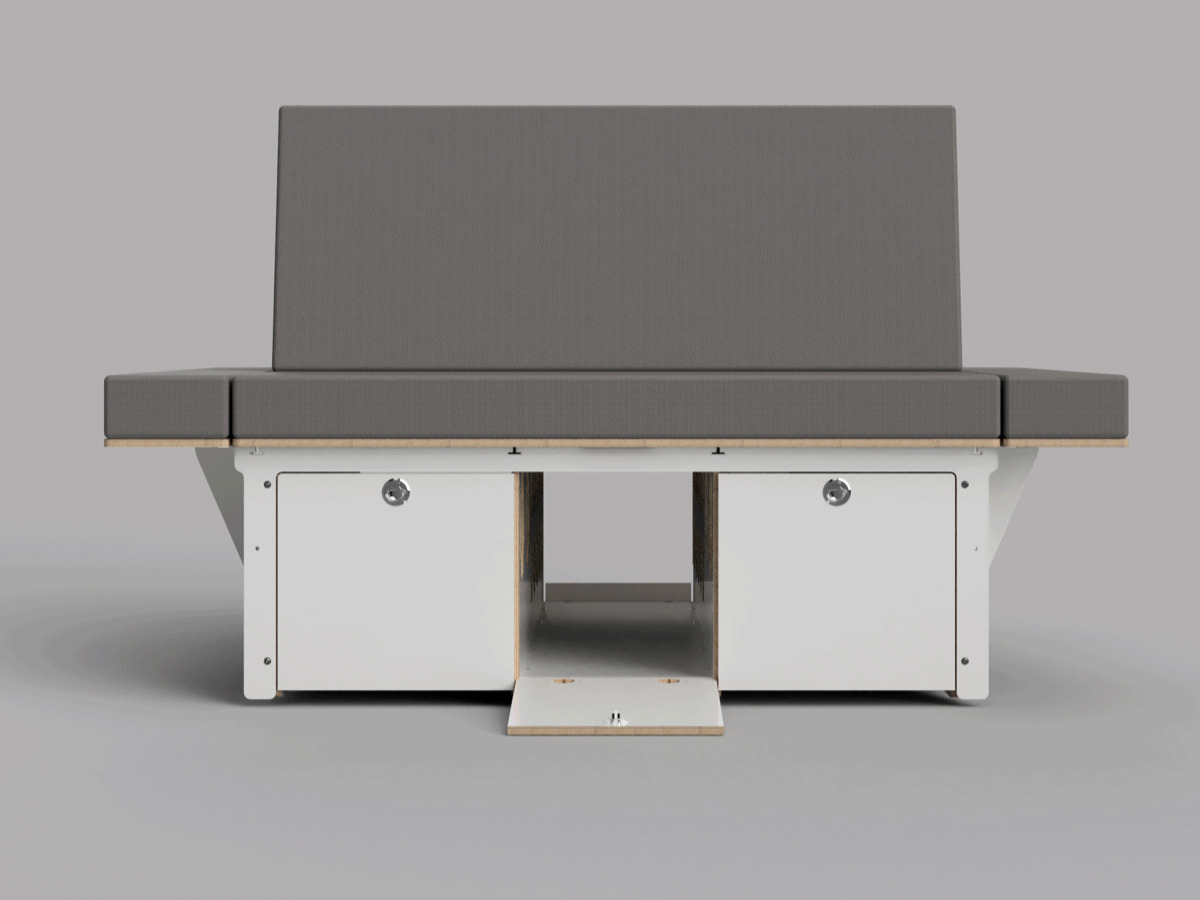 A modern, multifunctional piece of camping furniture with grey upholstery that serves as a sofa and sleeping area and has integrated storage options.