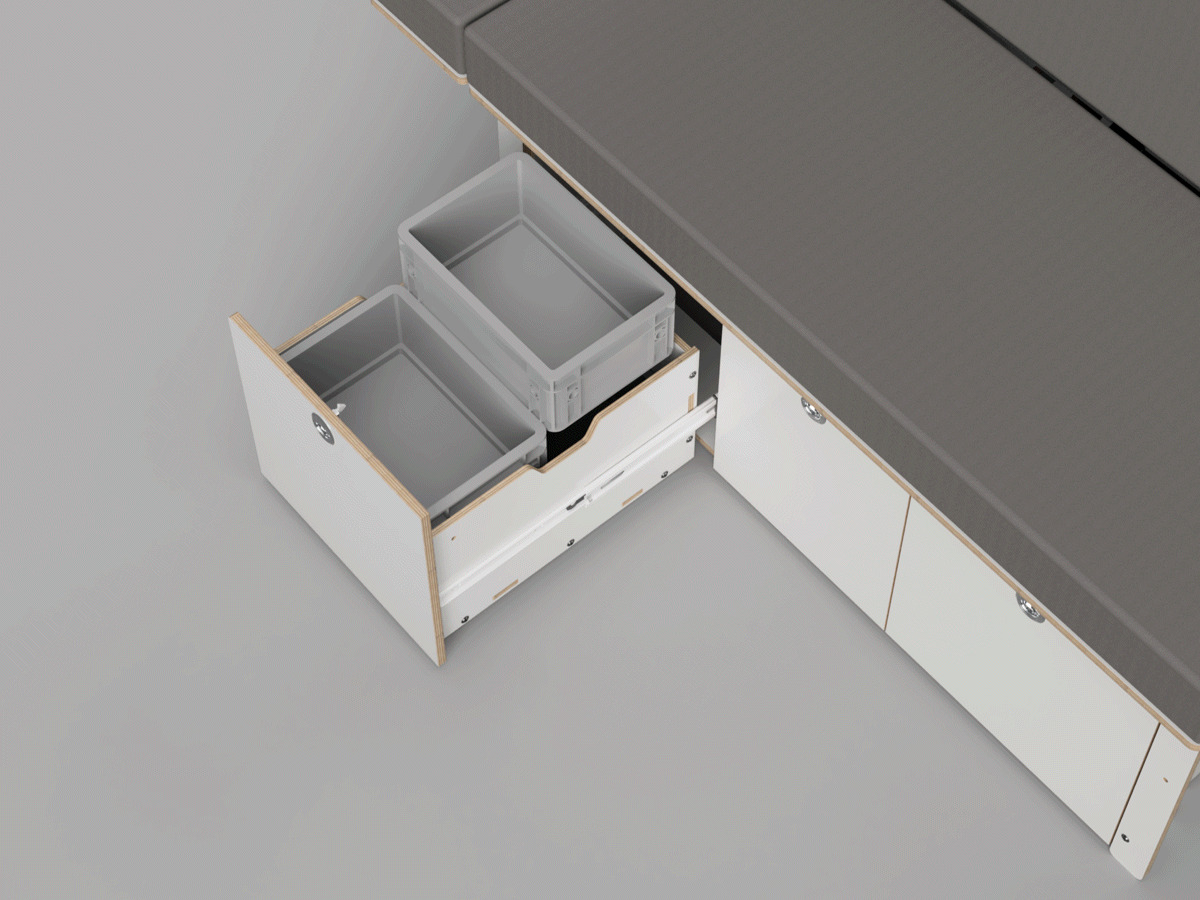 A kitchen module for camping with two pull-out drawers in a modern, minimalist design.
