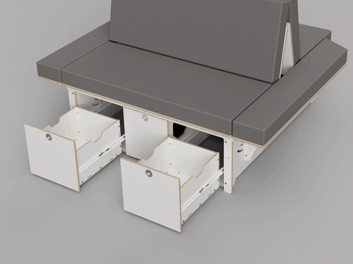 The picture shows a modular camping bed system with integrated drawers that offers functionality and comfort for outdoor adventures.